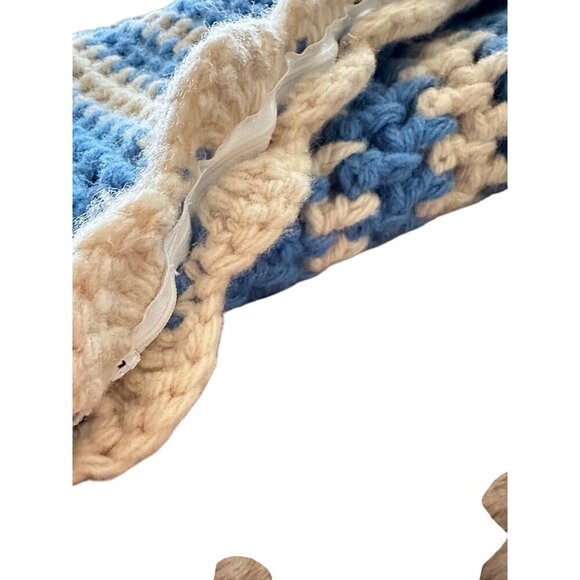 Handmade Blue & Beige Crocheted chunky Knit Pillowcase with Scalloped Edges - Picture 8 of 8